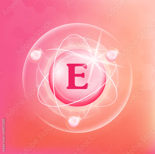 Vitamin E icon structure light pink substance. Medicine health symbol of thiamine. Drug business concept. Vector Illustration. 3D Vitamin complex with chemical formula. Personal care, beauty concept