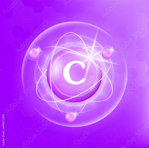 Vitamin C icon structure purple substance of butterfly pea. Medicine health symbol of thiamine. Drug business concept. Vector Illustration. 3D. Complex with chemical formula. Personal care, beauty.	