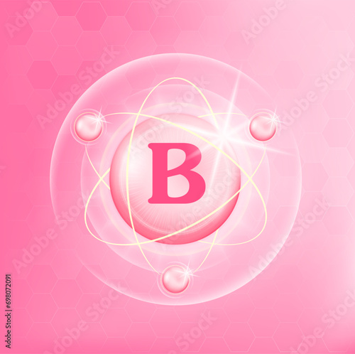 Vitamin B icon structure light pink substance. Medicine health symbol of thiamine. Drug business concept. Vector Illustration. 3D Vitamin complex with chemical formula. Personal care, beauty concept