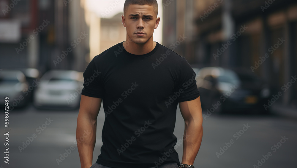 Fototapeta premium Young Model Shirt Mockup, Boy wearing black t-shirt on street in daylight, Shirt Mockup Template on hipster adult for design print,, generative ai