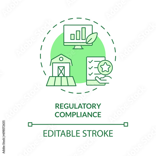 2D editable green regulatory compliance icon, monochromatic isolated vector, thin line illustration representing agricultural clusters.