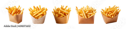 Collection of french fries in a paper box isolated on a transparent background photo