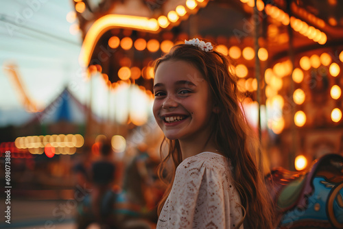 young girl at a fairground smiling at carousel