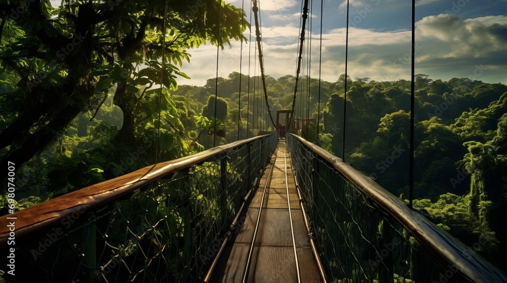 Obraz premium A panoramic view from the path through the treetops. Forest landscape