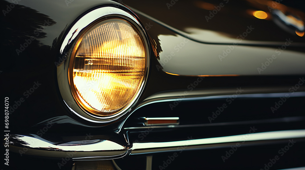 Close up Headlight by night. Front Car detail