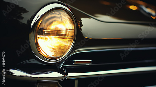 Close up Headlight by night. Front Car detail © Reem
