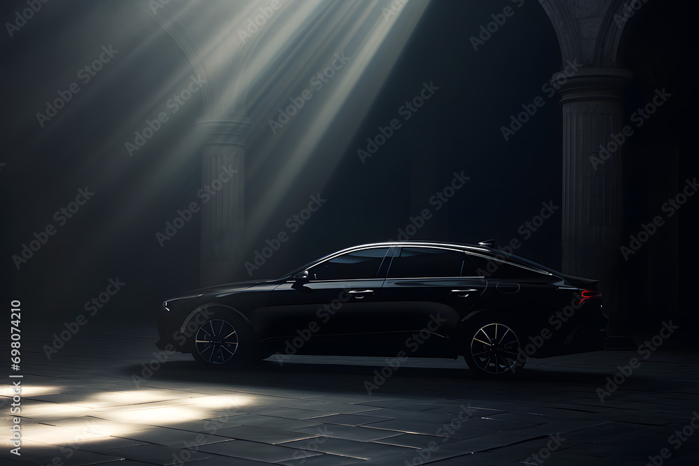 side view of a modern car in a black space with light beams illuminating on it