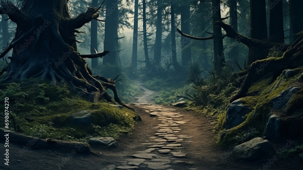 A panoramic view of a winding forest path