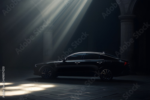 side view of a modern car in a black space with light beams illuminating on it © Lin_Studio