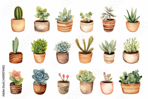 Watercolor from a cute succulent pot plants on white background.