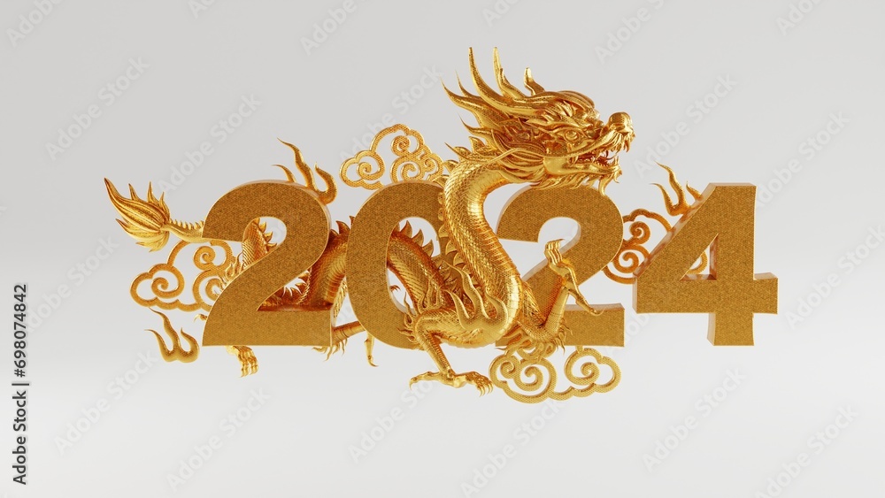 3d rendering illustration for happy chinese new year 2024 the dragon zodiac sign with flower, lantern, asian elements, red and gold on background. ( Translation :  year of the dragon 2024 )
 - obrazy, fototapety, plakaty 