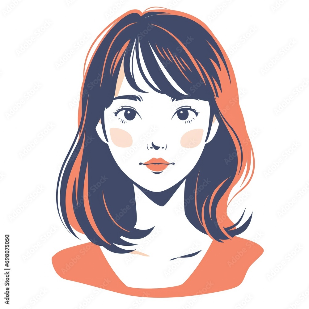 Hyper-realistic woman avatar icon with sharp-focus brown hair. Light navy background with a touch of red Hyper-realistic woman avatar icon with sharp-focus brown hair. Light navy background with a touch of red