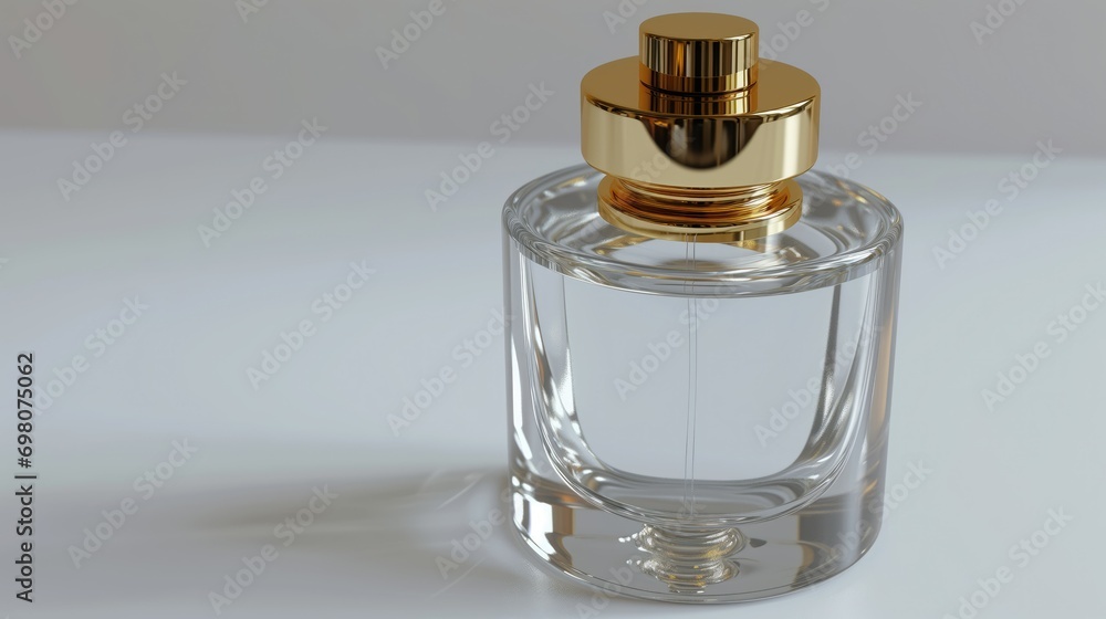 A basic, cylindrical perfume bottle with a round, gold-colored cap A basic, cylindrical perfume bottle with a round, gold-colored cap