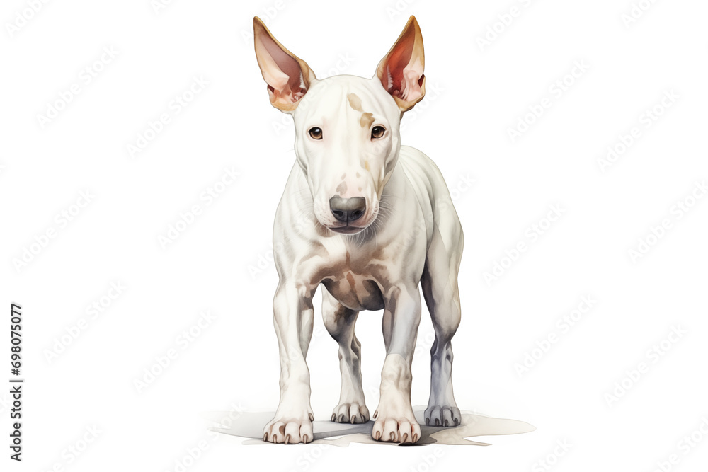 Cute little Bull terrier dog with a wide open mouthed smile and bright. Watercolor