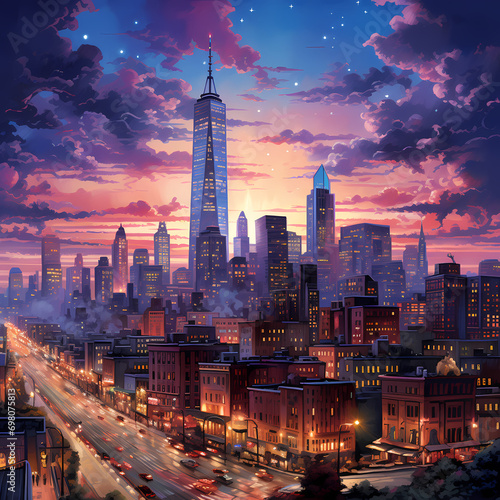 City skyline aglow with the lights of a bustling metropolis against a twilight sky.