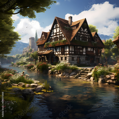 A charming hamlet nestled on the shores of a calm river.