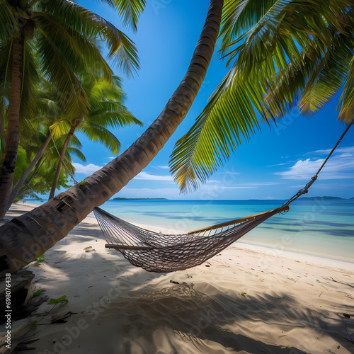 A hammock swaying between two palm trees on a pristine tropical beach.