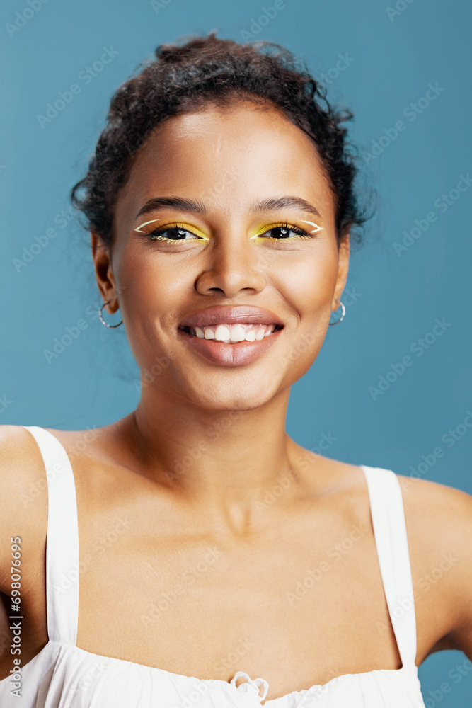 Skin woman smile happiness african fashion blue american lifestyle beauty curly portrait face hair studio Skin woman smile happiness african fashion blue american lifestyle beauty curly portrait face hair studio