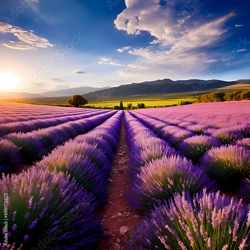 A lavender field in full bloom with a meandering path.
