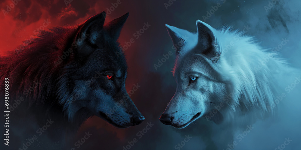 white wolf and black wolf - duel of good and evil concept art - a white wolf versus a black wolf - fantasy illustration - profile view of both wolves looking at each other in a face off duel - obrazy, fototapety, plakaty 