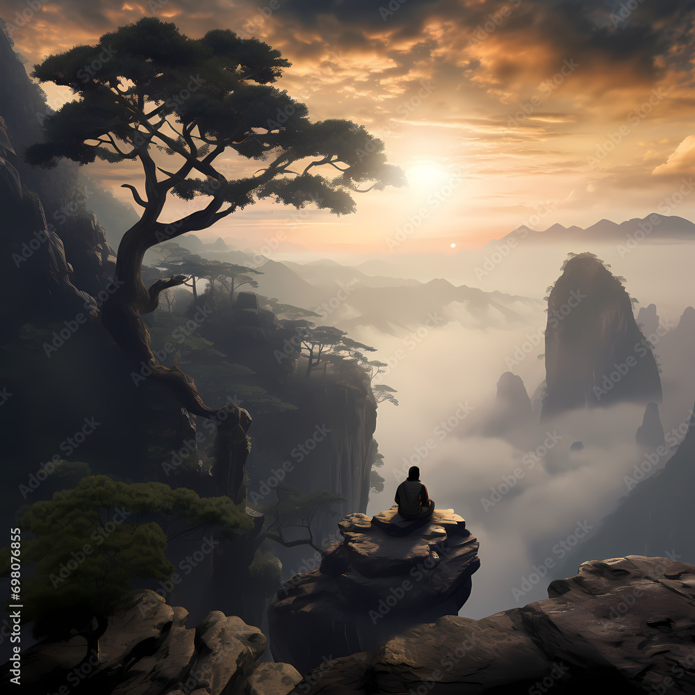 A lone traveler resting on a rocky outcrop overlooking a misty valley.