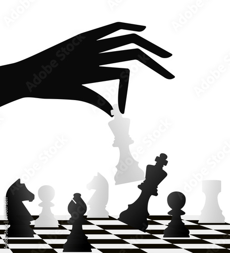 The black hand is playing chess and thinking about a strategic plan for collapse. Vector illustration