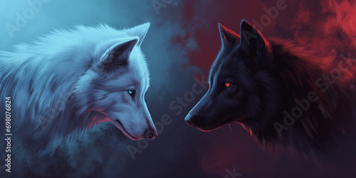 white versus black wolves - duel of good and evil concept art - a white wolf versus a black wolf - fantasy illustration - profile view of both wolves looking at each other in a face off duel photo