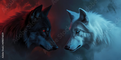 white wolf and black wolf - duel of good and evil concept art - a white wolf versus a black wolf - fantasy illustration - profile view of both wolves looking at each other in a face off duel