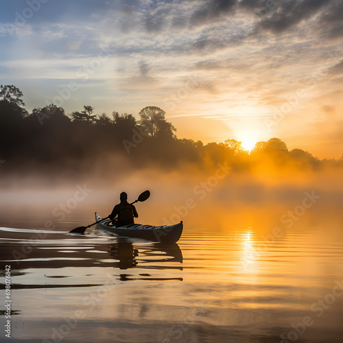 A lone kayaker paddling through a mist-covered lake at sunrise.