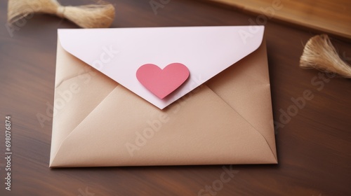 Vintage open white envelope with a heart on the table. Romantic details, declaration of love, love note