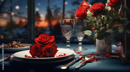 Romantic dinner with a red rose bouquet.