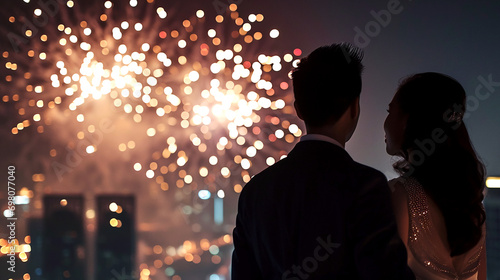 Couple of lovers on top of building watching mesmerizing fireworks at night above a city landscape