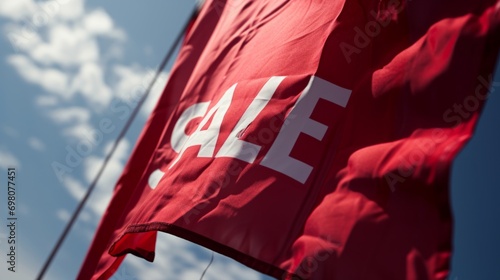 Red flag with the inscription Sale on the sky background. Season of sales and discounts. photo