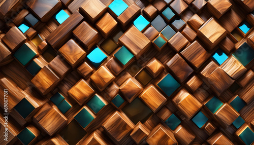 Fototapeta Naklejka Na Ścianę i Meble -  Abstract wooden glossy mosaic wall texture in grunge deco style with geometric shapes, Wood background for design,