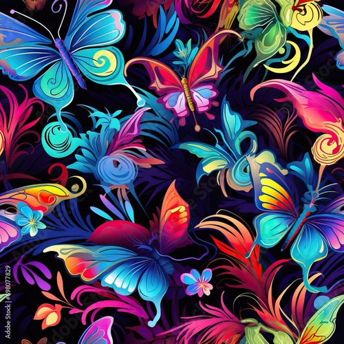 Seamless background of beautiful abstract tropical butterflies