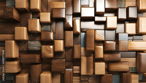 Fototapeta Naklejka Na Ścianę i Meble -  Abstract wooden glossy mosaic wall texture in grunge deco style with geometric shapes, Wood background for design,