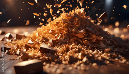 abstract view of waste wood shavings and sawdust in woodworking production, backgrounds for design, photo