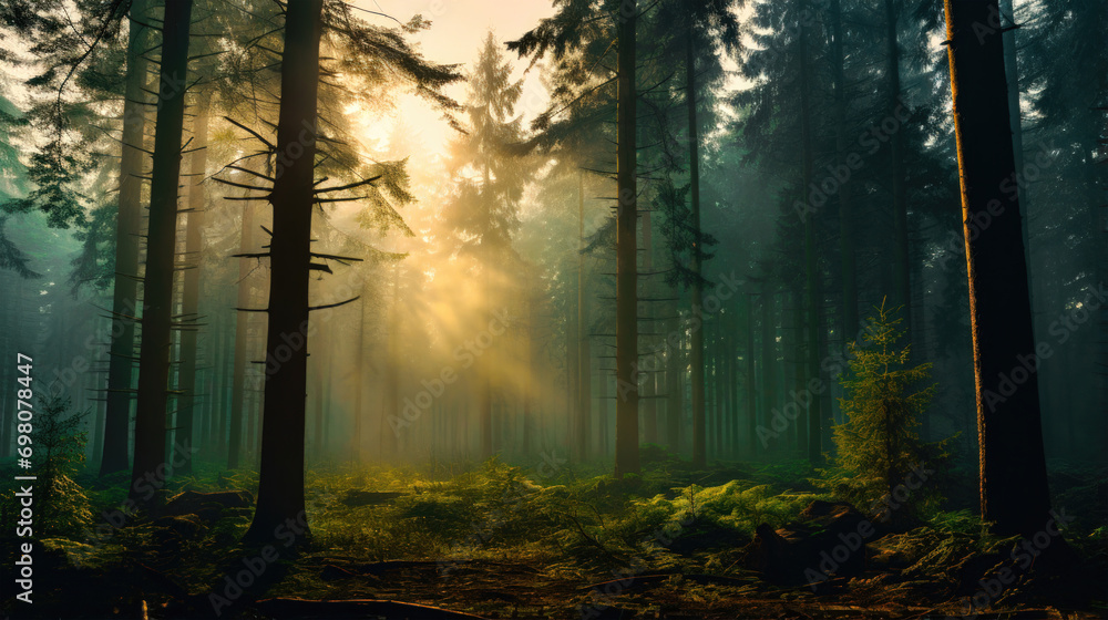 Enchanting Wilderness: A Mist-Covered Forest at Dawn - obrazy, fototapety, plakaty 