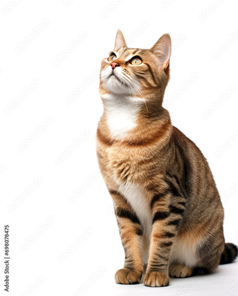 Obraz premium Striped cat looking up on white background with copy space