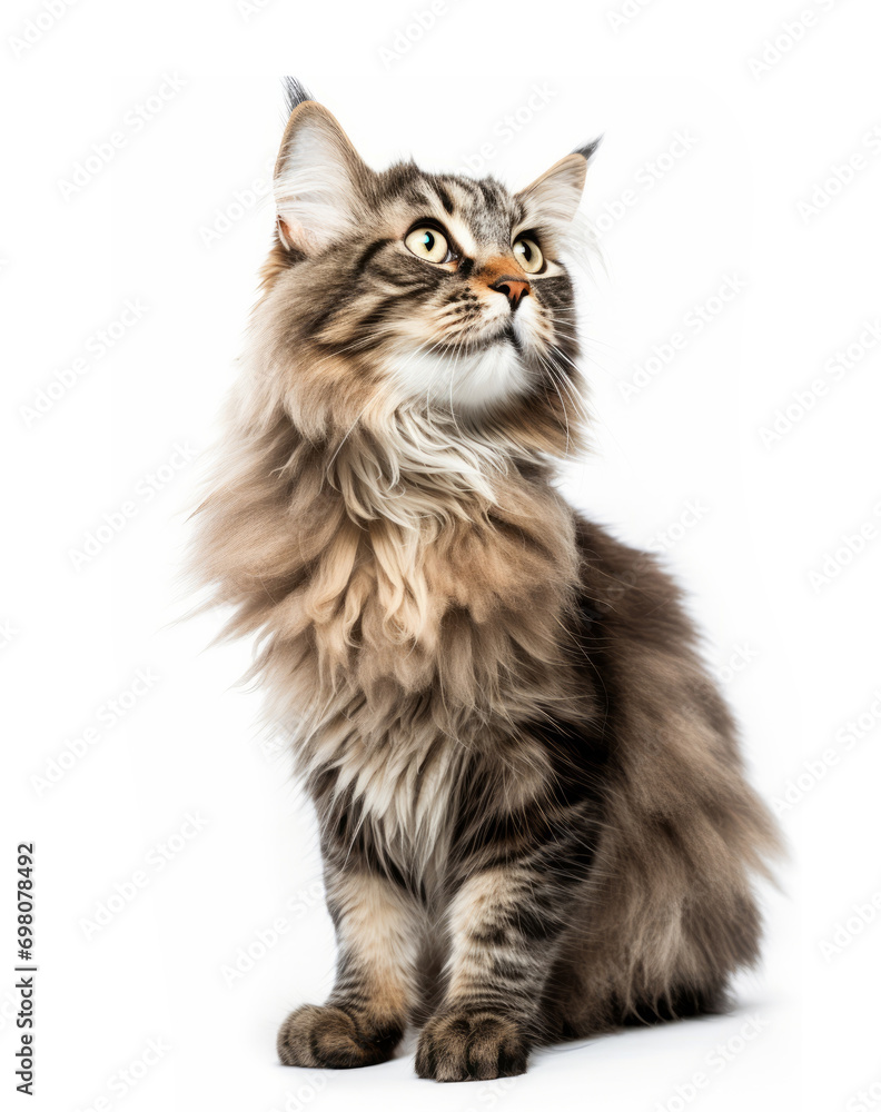 Close-up of fluffy cat looking up on white background