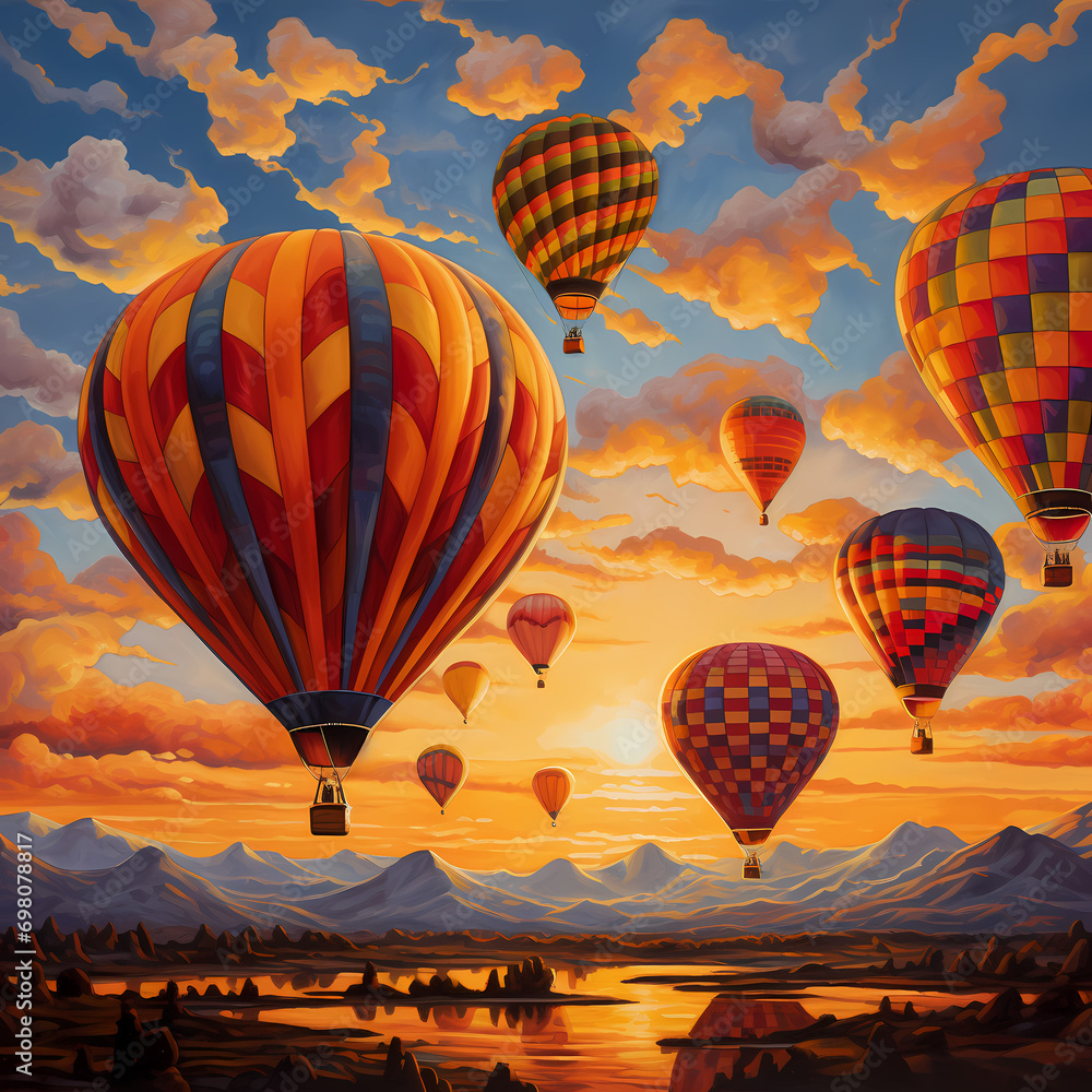 Cluster of hot air balloons drifting against the canvas of a fiery sunset sky.
