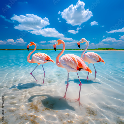 Elegant flamingos wading in the crystal-clear waters of a lagoon.