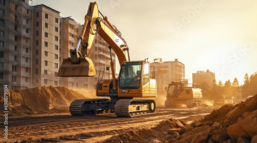 constrution site with excavator on background photo