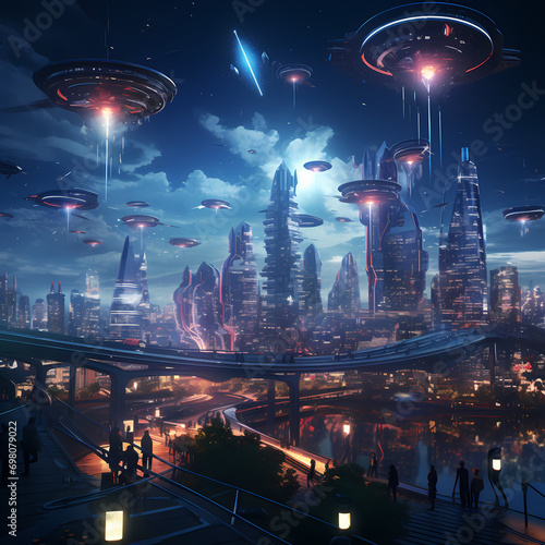 Futuristic city skyline with holographic displays and bustling air traffic.