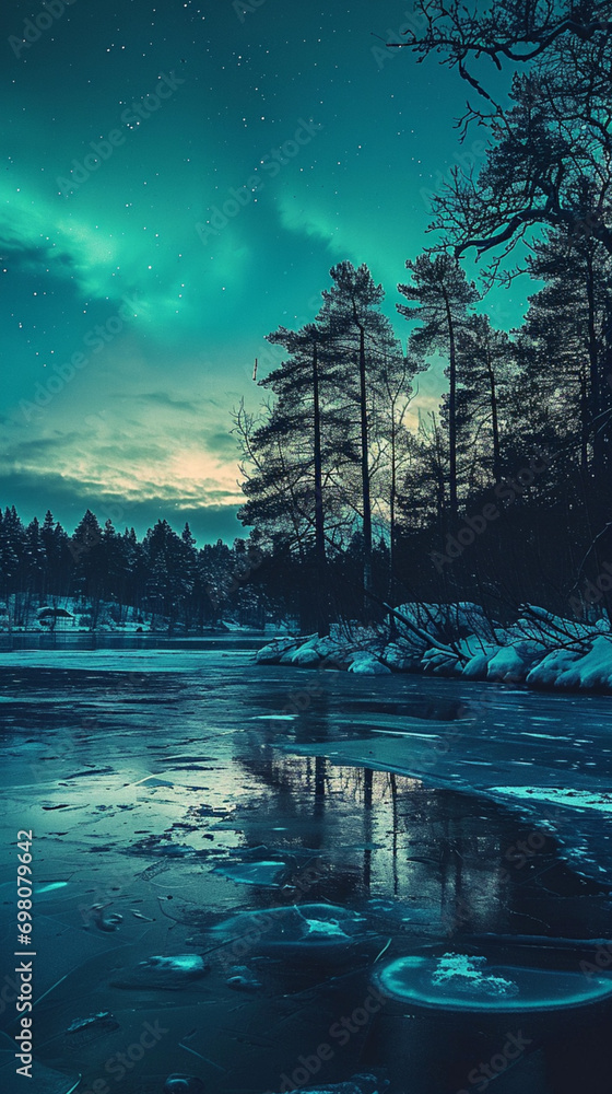 Aurora borealis over a frozen river