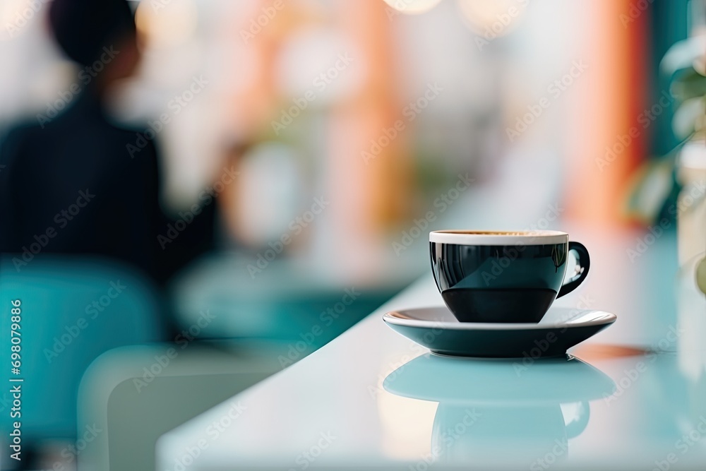 A vintage-style cup of espresso on a glossy surface in a café.