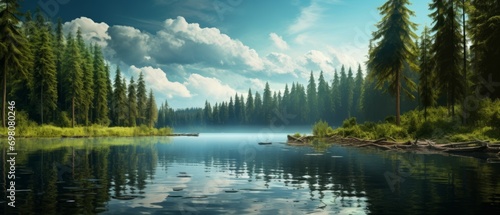 Panoramic quiet forest lake with reflection of trees on quiet water