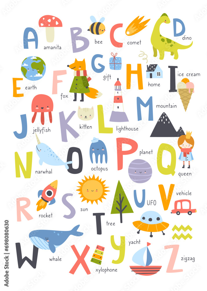Cute english alphabet for kids with doodle pictures. Vertical Abc learning decorative poster for nursery wall. Cute english alphabet for kids with doodle pictures. Vertical Abc learning decorative poster for nursery wall.