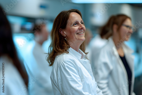 portrait of a smiling female in lab coat standing at lab