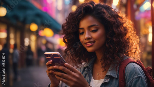 Multiracial women using smartphone on the street - Happy female friends watching funny video on smartphone - Fashionable technology lifestyle concept,